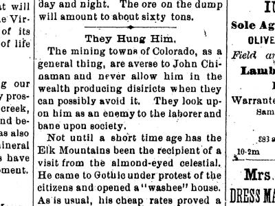 Newspaper from Gothic colorado, clipping reads "They Hung Him"