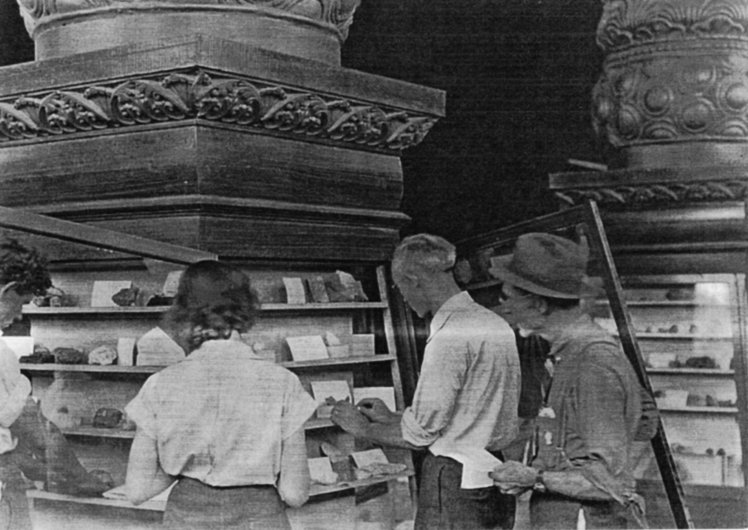 Individuals examining the minerals in the display cases at the Mineral Palace.