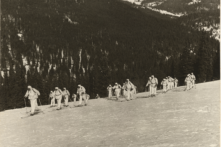 A group of many soldiers in white snow gear are cross country skiing across a snowbank.