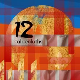 A colorful and abstract artistic rendition of a golden platter. It is surrounded by blue and orange color blocks. Overlaid are the words "12 Tablecloths"