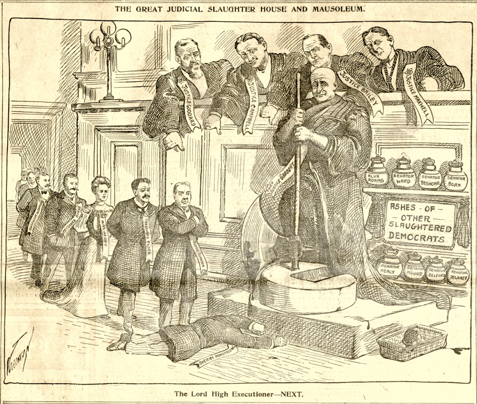 A 1905 political cartoon depicting the Colorado Supreme Court as executioners, labelled "The Great Judicial Slaughter house and Mausoleum." Adjacent to the Supreme Court is a group of urns labelled "Ashes of Other Slaughtered Democrats." The caption reads: "The lord High Executioner--Next."