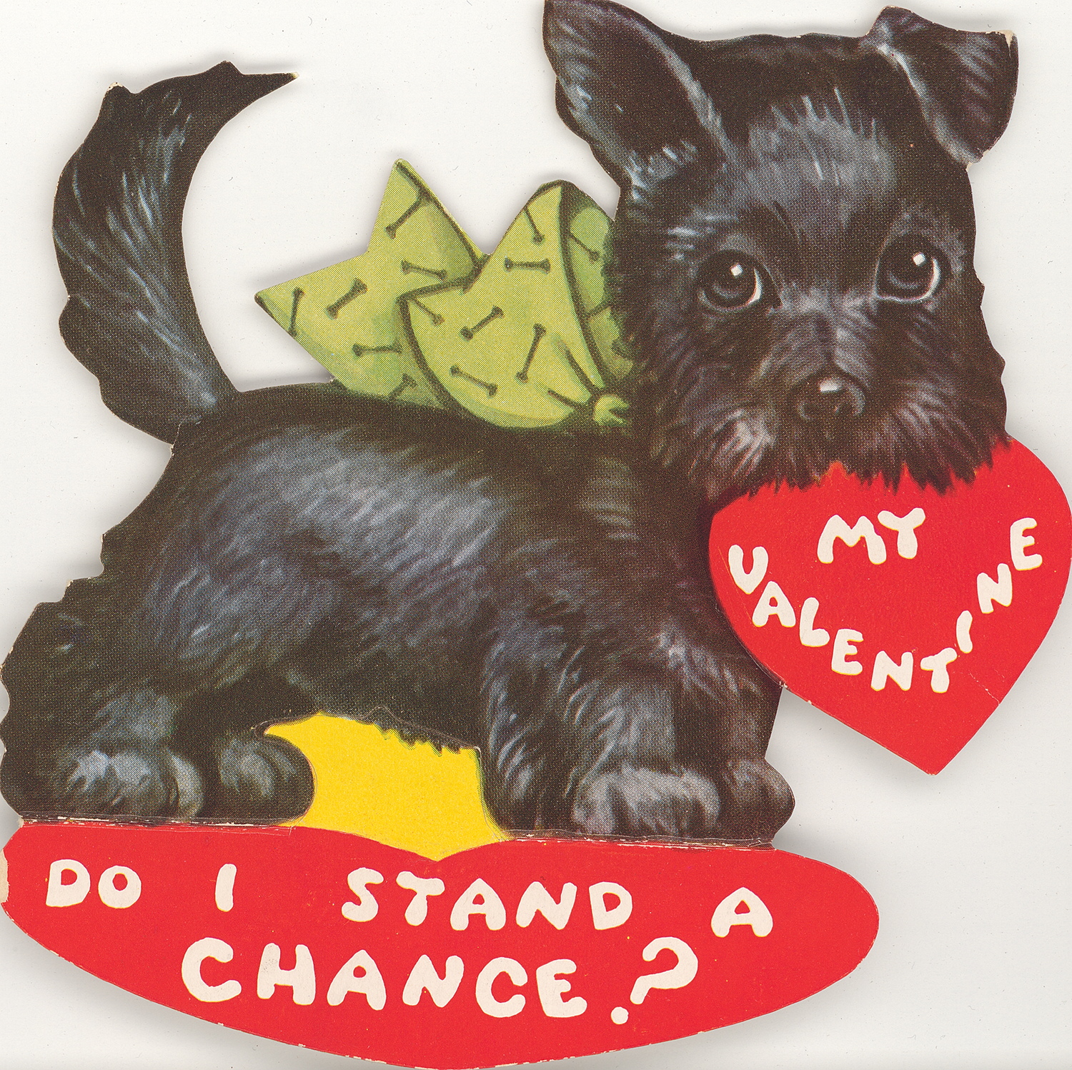 A valentine card depicting a terrier puppy. It reads: "My valentine. Do I stand a chance?"