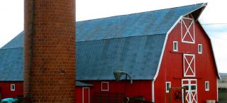 Red barn and brick grain silo on the George Eurich farm.