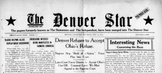 Image of the masthead of historic newspaper, The Denver Star, dated Saturday, December 18, 1913. On either side of the name of the paper is a solid colored black star, and beneath the name, the masthead says "Established 1888. The papers formerly known as The Statesman and The Independent, have been merged into The Denver Star. Twenty-sixth year, Number 117. Five Cents a Copy" along with the date of issue.