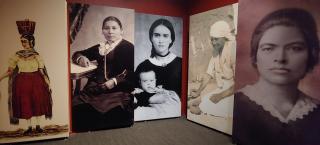 Photo of five separate images of women who were important figures in the borderlands history of Colorado. From left to right, the women are: Teresita Sandoval, Amache Prowers, Josefa Carson, Rebecca Lopez, and Dona Bernarda Mejia Velasquez.