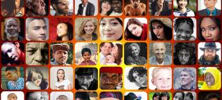 Photo of a montage of photos of human faces of all races and ages.