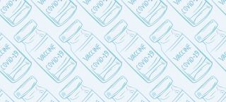 Patterned drawing of COVID 19 vaccine vials in light blue and medium blue. 