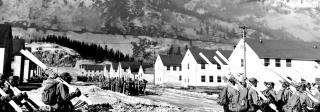 A troupe of mountain troops marching through Camp Hale.
