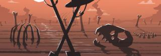 An illustration depicting two shovels crossed in a desiccated field full of dinosaur bones, as the sun sets behind them.