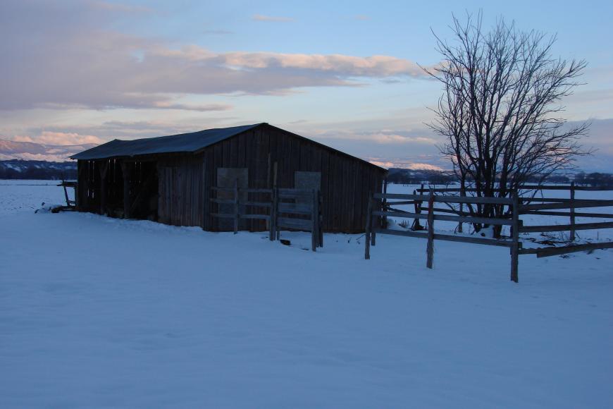 An old outbuilding on the Westesen Farm & ranch on a snowy winter day.