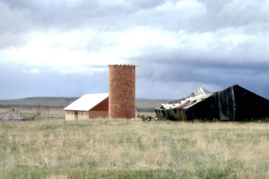 Horse barn and dairy barn next to a brick silo at Kochis Farms.  The barns were built in 1917; this photo is from 2016.
