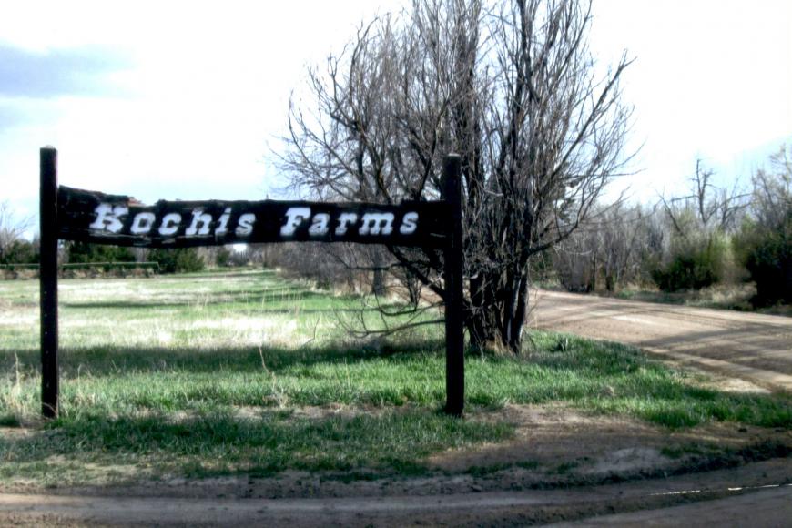 Sign at the entrance to the Kochis Farm headquarters.