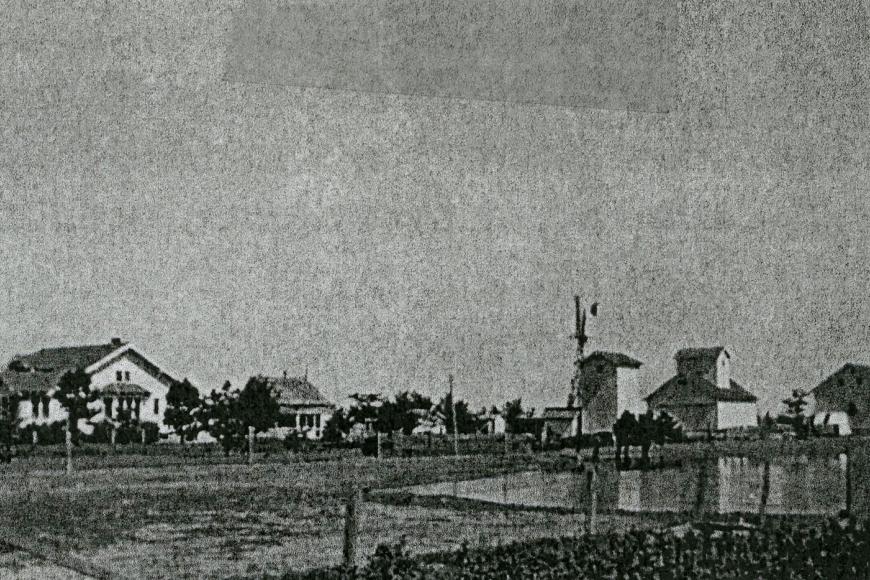 Historic photo of the NB5, LLC, showing the house and the grain elevator.