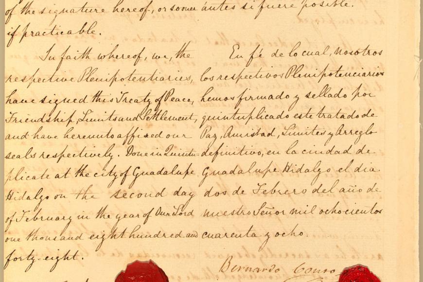 Signature page of the Treaty of Guadalupe Hidalgo. Two columns of handwritten text on yellowed parchment, English in the left column and Spanish in the right column, with wax seals next to the mark of each signatory.