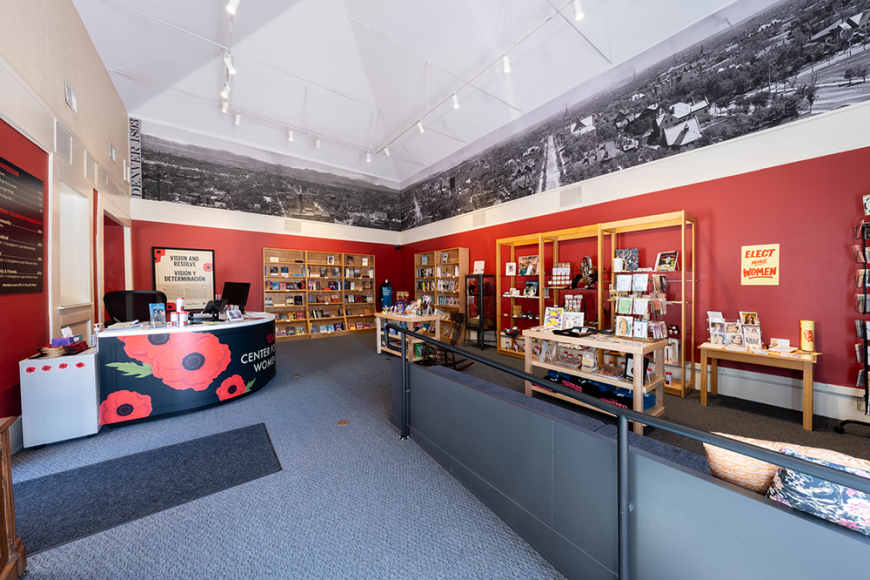 Interior of the Center for Colorado women's history gift shop decorated with red poppies.