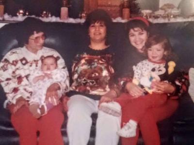 Four generation picture taken Christmas 1996:  Tamara Trujillo with Grandmother Maria Martinez, Mother Anna Martinez, Daughters Taylin and Jaden
