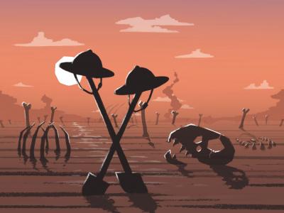 An illustration depicting two shovels crossed in a desiccated field full of dinosaur bones, as the sun sets behind them.