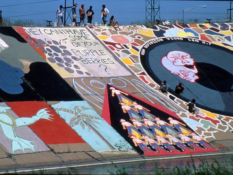 Pueblo Levee mural being painted, 1980s